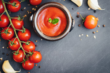 Tomato ketchup sauce in a bowl with spices, garlic and cherry tomatoes on dark background. View from above.