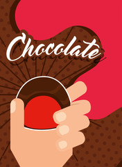 hand holding chocolate stuffed candy cream poster vector illustration