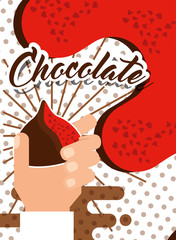 hand holding chocolate candy sweet glazed poster vector illustration