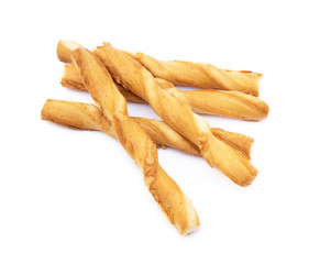 Spiral bread sticks with cheese on a white background