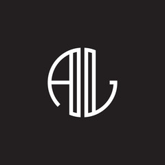 Initial letter AL, minimalist line art monogram circle shape logo, white color on black background