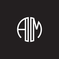 Initial letter AM, minimalist line art monogram circle shape logo, white color on black background