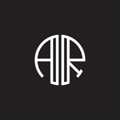 Initial letter AR, minimalist line art monogram circle shape logo, white color on black background
