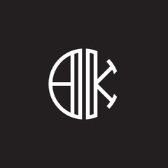 Initial letter BK, minimalist line art monogram circle shape logo, white color on black background