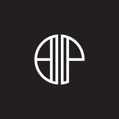 Initial letter BP, minimalist line art monogram circle shape logo, white color on black background
