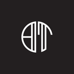 Initial letter BT, minimalist line art monogram circle shape logo, white color on black background