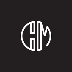 Initial letter CM, minimalist line art monogram circle shape logo, white color on black background