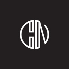 Initial letter CN, minimalist line art monogram circle shape logo, white color on black background
