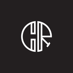Initial letter CR, minimalist line art monogram circle shape logo, white color on black background