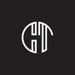 Initial letter CT, minimalist line art monogram circle shape logo, white color on black background
