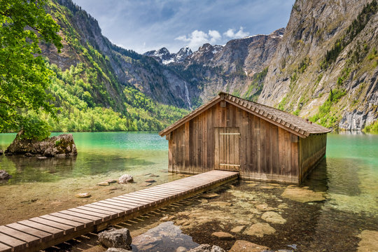 Wooden hut on Obersee lake, Alps, Germany