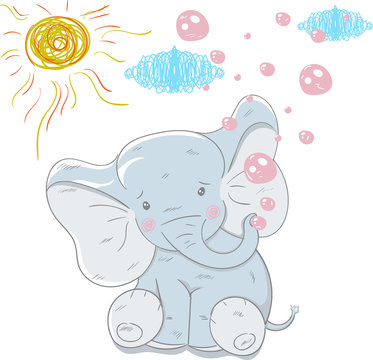 Cute little cartoon elephant hand drawn vector illustration. Can be used for baby t-shirt print, fashion print design, kids wear, baby shower celebration, greeting and invitation card.