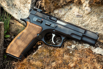 black 9mm pistol on a background of stones and moss - obrazy, fototapety, plakaty