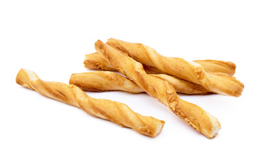 Spiral bread sticks with cheese on a white background