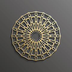 Islamic 3d gold on dark mandala round ornament background architectural muslim texture design . Can be used for brochures invitations,persian motif
