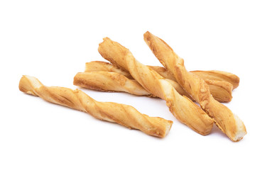 Spiral bread sticks with cheese on a white background