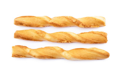Spiral bread sticks with cheese on a white background