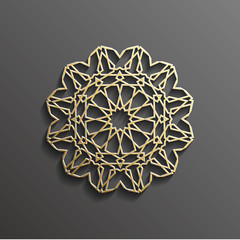 Islamic 3d gold on dark mandala round ornament background architectural muslim texture design . Can be used for brochures invitations,persian motif