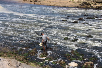 Pêcheur avec bottes qui ramasse des coquillage avec son seau dans le courant de la rivière