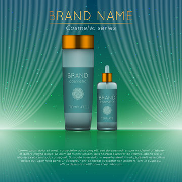 3D realistic cosmetic bottle ads template. Cosmetic brand advertising concept design with wavy light abstract background