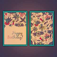 Happy birthday vector greeting card with abstract doodle flowers.