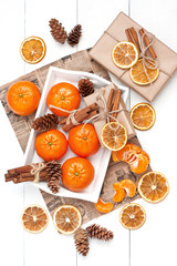 Christmas fruits on wooden background