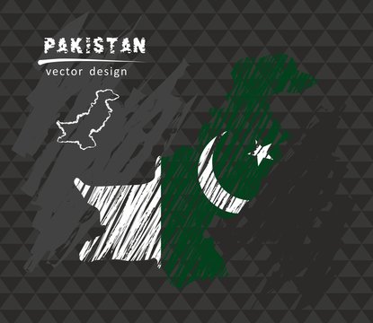Pakistan national vector map with sketch chalk flag. Sketch chalk hand drawn illustration