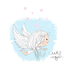 Cute little girl angel cartoon hand drawn vector illustration. Can be used for baby t-shirt print, fashion print design, kids wear, baby shower celebration, greeting and invitation card.