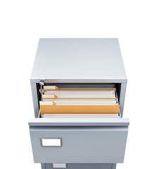 metal cabinet, open box with documents, top view. 3d illustration