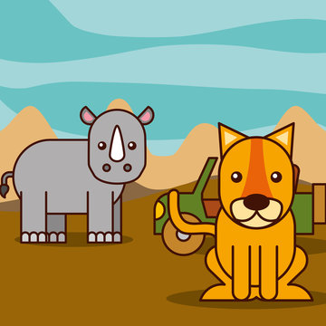 rhino and tiger jeep car safari animals cartoon vector illustration