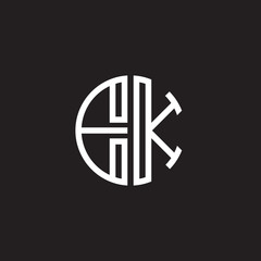 Initial letter EK, minimalist line art monogram circle shape logo, white color on black background