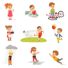 Childrens failures and mistakes set, frustrated kids experiencing their failures vector Illustrations on a white background