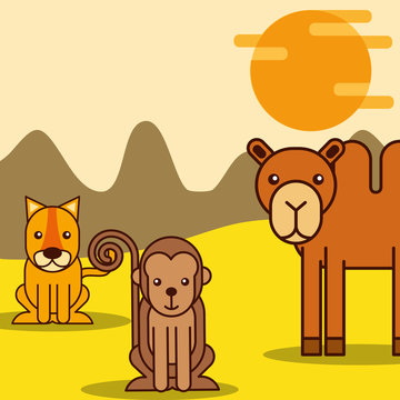 camel tiger and monkey safari animals cartoon vector illustration