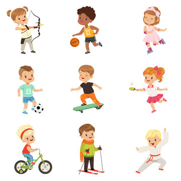 Cute little children playing different sports, soccer, basketball, archery, karate, cycling, roller skating, skateboarding sport vector Illustrations on a white background