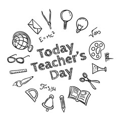 Greeting card, frame or poster to Happy Teacher's day. Vector handdrawn school essentials icons isolated on white background. Perfect to use in advertising, graphic or web design