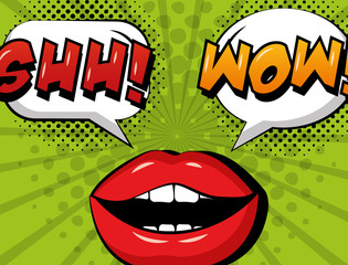 pop art comic woman lips shh and wow speech bubble retro style vector illustration