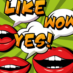 pop art comic woman lips yes like and wow speech bubbles vector illustration