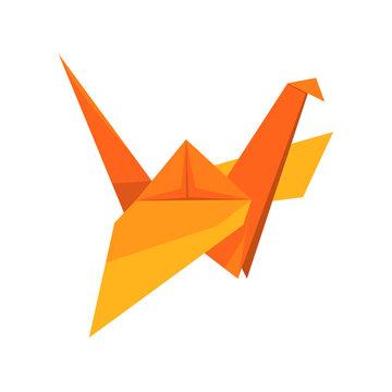 Orange crane bird made of paper in origami technique vector Illustration on a white background