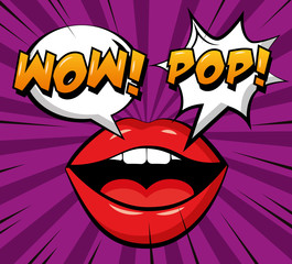 pop art comic woman lips explosion cloud wow pop text vintage vector illustration