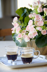 two cups of espresso coffee on the table ready for italian breakfast