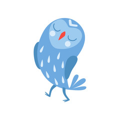 Cute cartoon blue owlet bird character standing with closed eyes vector Illustration on a white background