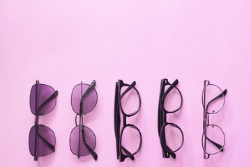 Set glasses or sunglasses object fashion minimal modern style, accessory travel on Pink pastel...