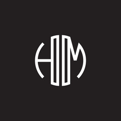 Initial letter HM, minimalist line art monogram circle shape logo, white color on black background