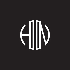 Initial letter HN, minimalist line art monogram circle shape logo, white color on black background