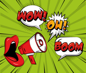 pop art comic woman lips megaphone speech bubbles wow oh and boom vector illustration