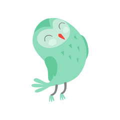 Cute funny cartoon green owlet bird character with closed eyes vector Illustration on a white background