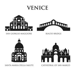 Set of Italy symbols, landmarks in black and white. Vector illustration. Venice, Italy. - 203886675
