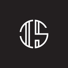 Initial letter IS, minimalist line art monogram circle shape logo, white color on black background