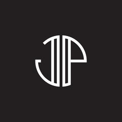 Initial letter JP, minimalist line art monogram circle shape logo, white color on black background