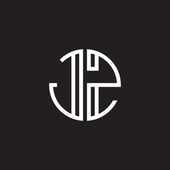 Initial letter JZ, minimalist line art monogram circle shape logo, white color on black background